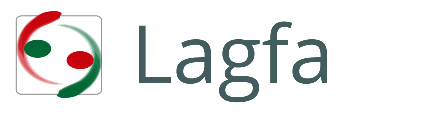 Logo LAGFA Brandenburg. Das Wort LAGFA in dunkel grau-grüner Schriftfarbe. Links daneben zwei Punkte und zwei geschwungene Striche in jeweils rot und grün abwechselnd.